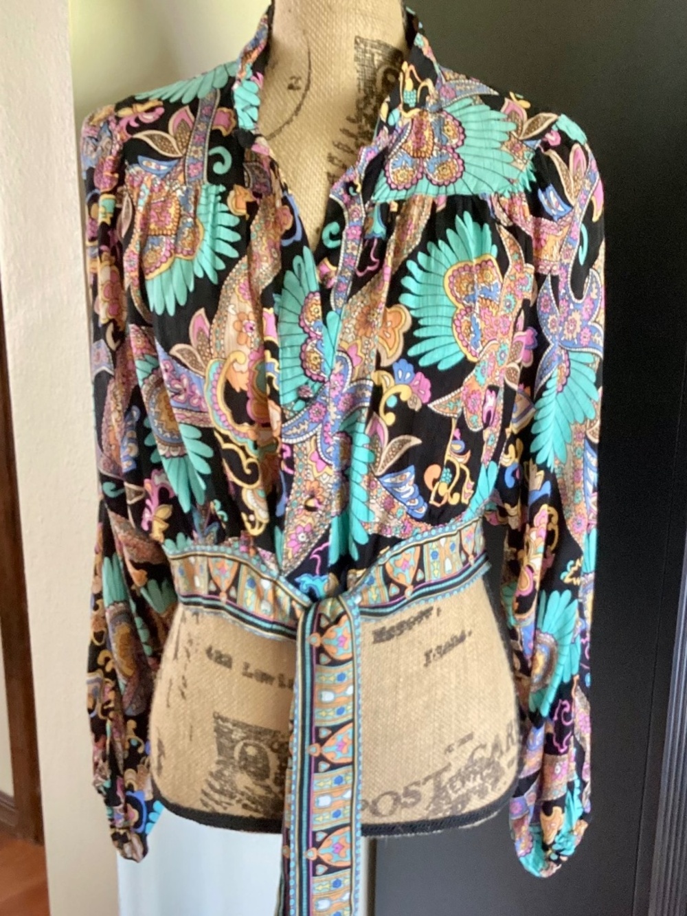NWT Haute Hippie Long Sleeve Button Up Cropped Paisley Blouse Sz XS